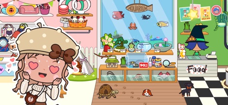 Miga Town: My Pets - Esta herramienta ofrece una completa tienda de mascotas, destacando un área de acuario con diversas especies y señalización de precios en los productos.