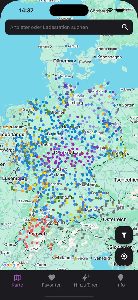 Ad-Hoc Map - This tool provides a broad geographical overview of charging infrastructure, using distinct colored markers to differentiate station types across regions like Germany and beyond.