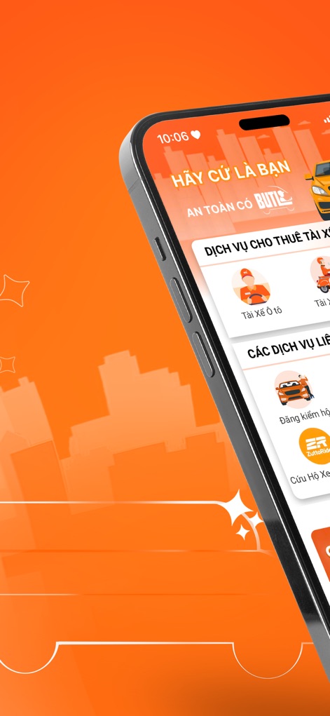 BUTL - Bạn Uống Tôi Lái - Users can effortlessly navigate the primary service selection screen, clearly displaying options for requesting a car or motorbike driver.