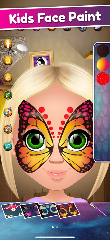 Halloween Face Paint Salon - The app facilitates the creation of intricate butterfly designs, offering a diverse gradient color palette and specialized paint brushes for detailed artwork.