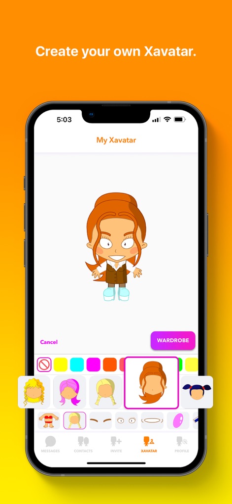 Xooloo - Messenger for Kids - A ferramenta oferece um editor intuitivo para criar e personalizar o Xavatar, permitindo aos usuários escolherem entre diversas opções de cabelo e acessórios com o botão 'Wardrobe'.