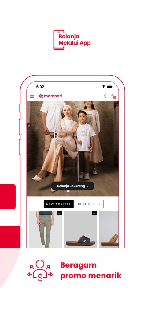 Matahari App - The app enhances discovery with dedicated 'NEW ARRIVAL' and 'BEST SELLER' tabs, alongside a dynamic hero banner promoting current offers.