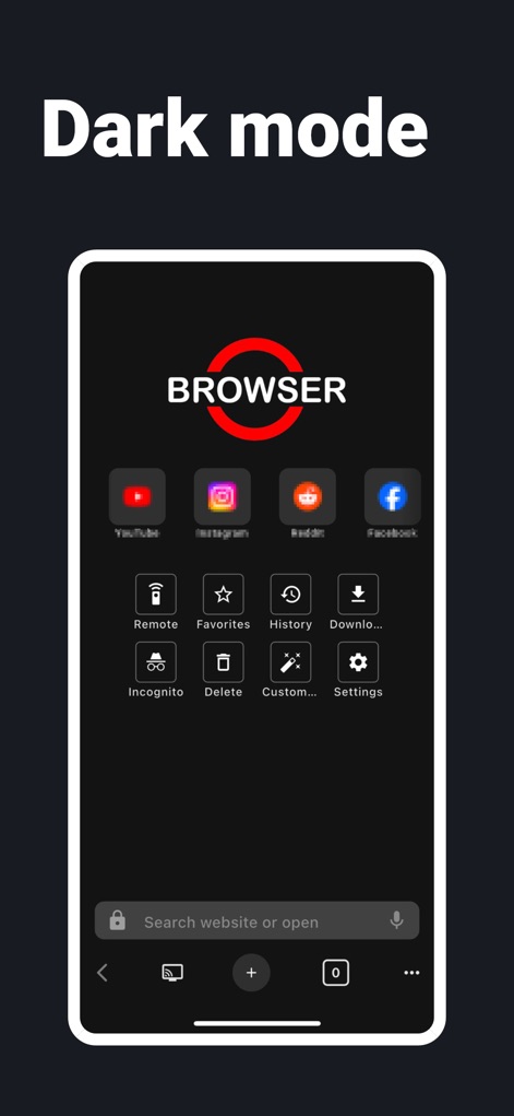 BROWSER with TV Remote - Experience the app's sleek dark mode, providing a comfortable viewing environment at night and maintaining clear visibility of quick access icons.