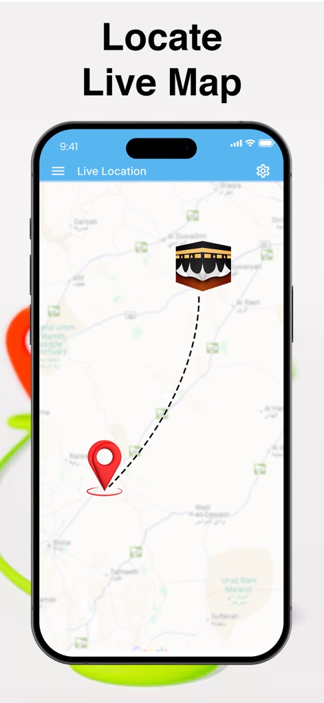 Compass App - Qibla finder - Esta visualização de mapa ao vivo ajuda a localizar a Qibla, mostrando o ícone da Kaaba no mapa e a trajetória pontilhada a partir da localização atual.