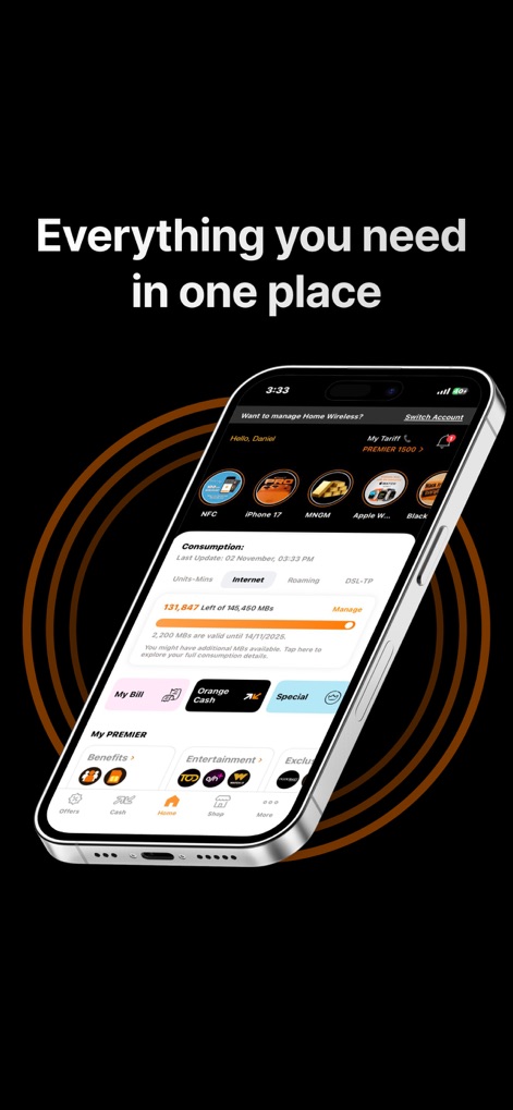 My Orange Egypt - 이 앱은 사용자에게 계정 개요를 제공하여 잔여 데이터 용량과 같은 소비 정보를 확인하고, 하단의 내비게이션 바에서 Orange Cash 서비스에 접근할 수 있게 합니다.