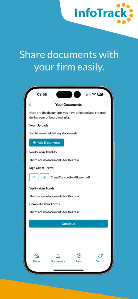 eCOS Legal - 사용자는 '내 문서' 섹션에서 법률 회사와 문서를 쉽게 공유할 수 있으며, '+ 문서 추가' 버튼을 통해 새로운 파일을 업로드하거나 'ClientCareLetterAlkaner.pdf'와 같은 기존 문서를 관리할 수 있습니다.
