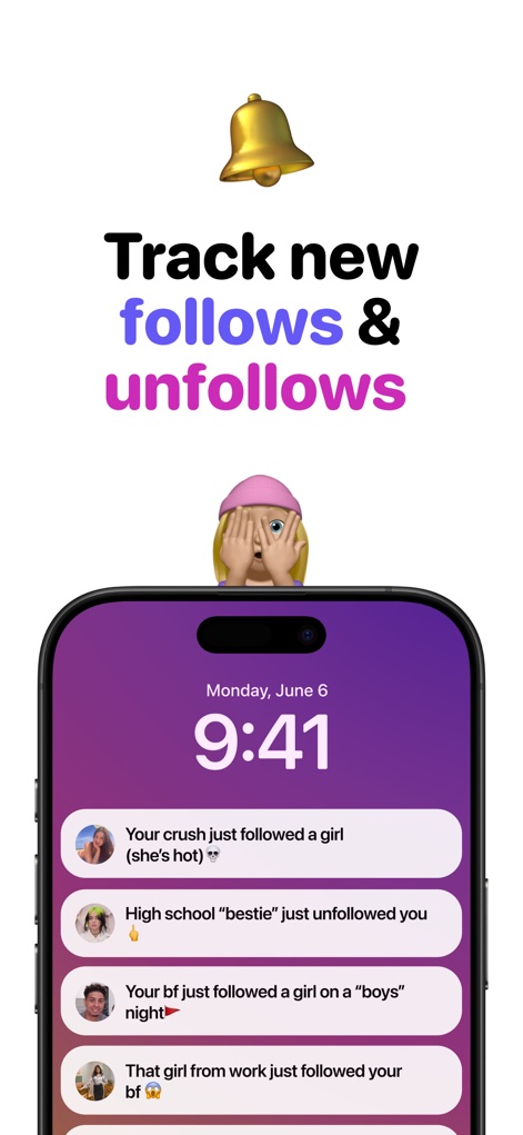 Katch: Recent Follow Tracker - Manténgase al tanto con alertas en tiempo real sobre nuevos follows y unfollows, presentando notificaciones directas como "Tu crush acaba de seguir a una chica" y "Tu mejor amigo del instituto acaba de dejar de seguirte".
