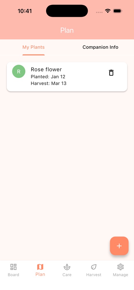 SmartCart：Farm gardening - Users can manage individual plants within the 'My Plants' section, viewing crucial details like planting and estimated harvest dates, or explore the 'Companion Info' for scientific pairing.