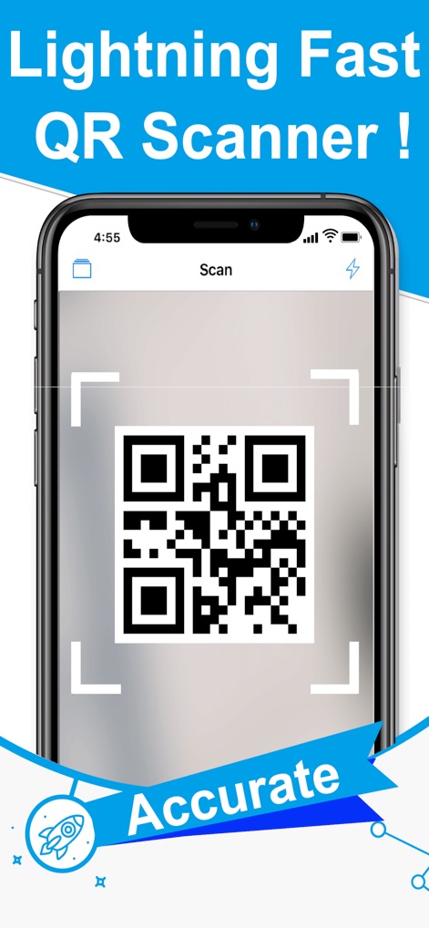 QR Code Reader/QR Scanner App - La aplicación garantiza un 'Escaneo Ultrarrápido' de códigos QR, claramente indicado en el título superior, y mantiene su promesa de 'Precisión' con el conocido ícono de cohete y cinta azul en la parte inferior.