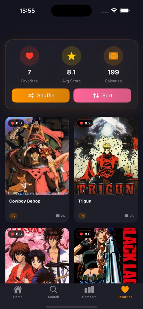 AnimeKai : Watch Anime - Users can effortlessly manage their personal collection, viewing aggregated stats like average score and episode count, and organizing favorites with shuffle and sort options.