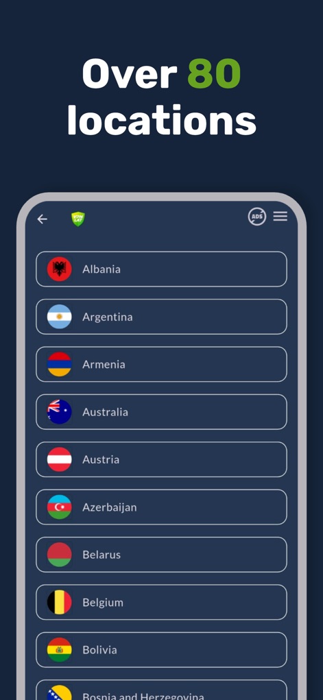 VPN.lat: unlimited and secure - Se visualiza una extensa lista de ubicaciones globales, mostrando más de "80 países" representados con sus "banderas nacionales" para una fácil selección.