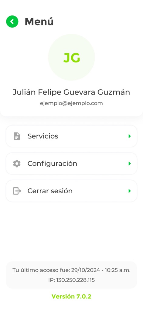 Skandia Colombia APP - El menú lateral proporciona un acceso estructurado a las funcionalidades de gestión, presentando claramente la información personal del usuario y ofreciendo opciones directas para 'Servicios' y 'Configuración'.