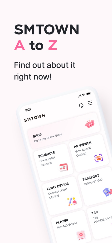 SMTOWN | OFFICIAL - Explore the comprehensive 'SMTOWN A to Z' interface and navigate quickly through essential fan features like 'Shop' and 'Schedule'.
