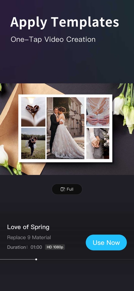 Slideshow Maker - MovieStudio - La herramienta simplifica la creación de videos con plantillas pre-diseñadas, permitiendo a los usuarios reemplazar hasta 9 materiales y exportar en calidad HD 1080p con un solo toque.