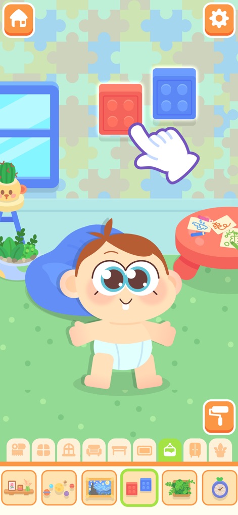 Mother Simulator - Baby Care - Users can personalize the environment, showcased by a baby in a decorated room and options for wall coverings like colorful blocks.