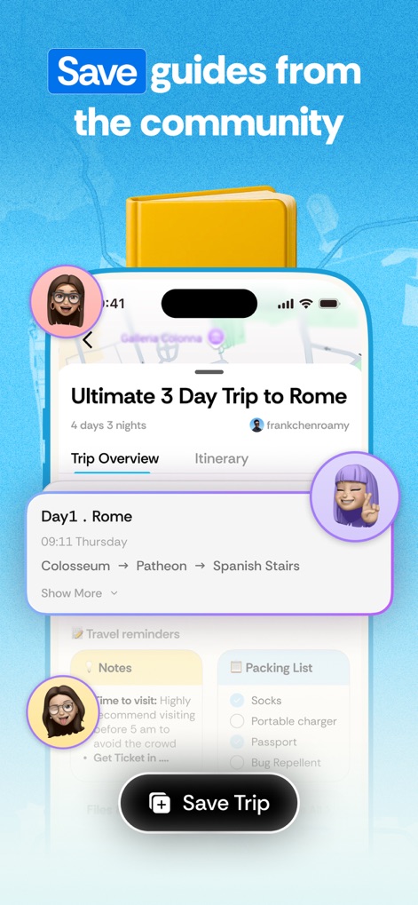 Roamy: Save Spot & Plan Trips - The app enables users to save and customize comprehensive community-curated trip guides, offering a structured itinerary overview with daily plans and integrated packing lists for effortless preparation.