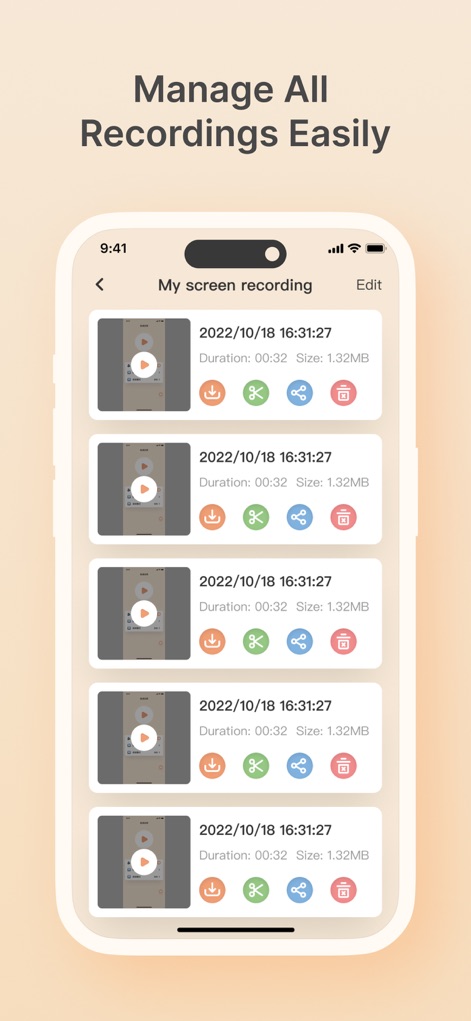 Screen Recorder:Record it now! - Users can efficiently manage all their captured content with an organized list of recordings, displaying video duration and offering quick access to 'download' and 'share' options.