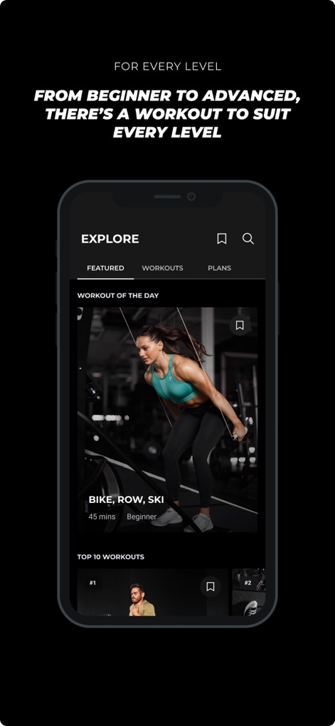 Gymshark Training and Fitness - This section highlights the app's versatility, offering "WORKOUT OF THE DAY" suggestions and a curated list of "TOP 10 WORKOUTS" suitable for all fitness levels.