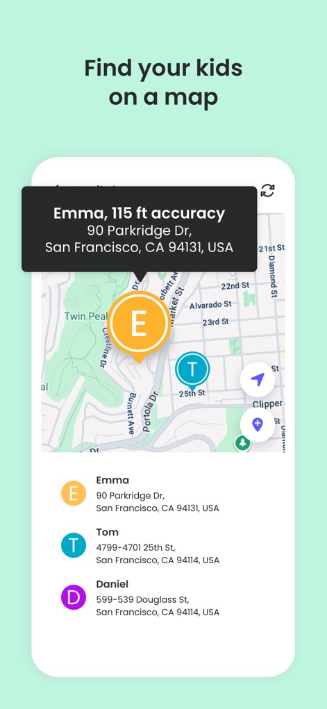 Qustodio Parental Control App - Observe the "GPS location monitoring" feature displaying children's real-time positions on a "map", complete with precise location "accuracy" details.