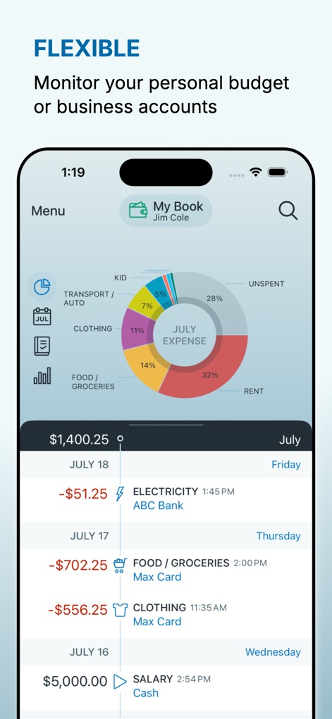 Account Book - Money Manager - Users can efficiently track spending with the intuitive expense distribution chart and a detailed transaction list, providing clarity on daily finances.