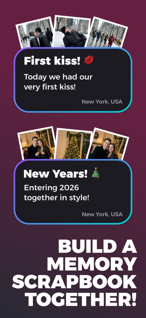 Lovio - Couples App & Widgets - Discover the digital memory scrapbook feature, allowing couples to document special moments like a "First kiss!" and celebratory "New Years!" entries complete with photos and context.
