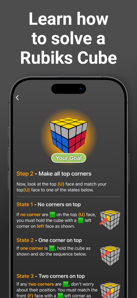 Rubix Cube Solver - Dive into comprehensive learning modules featuring detailed textual explanations alongside illustrative 3D cube diagrams for each solving stage.