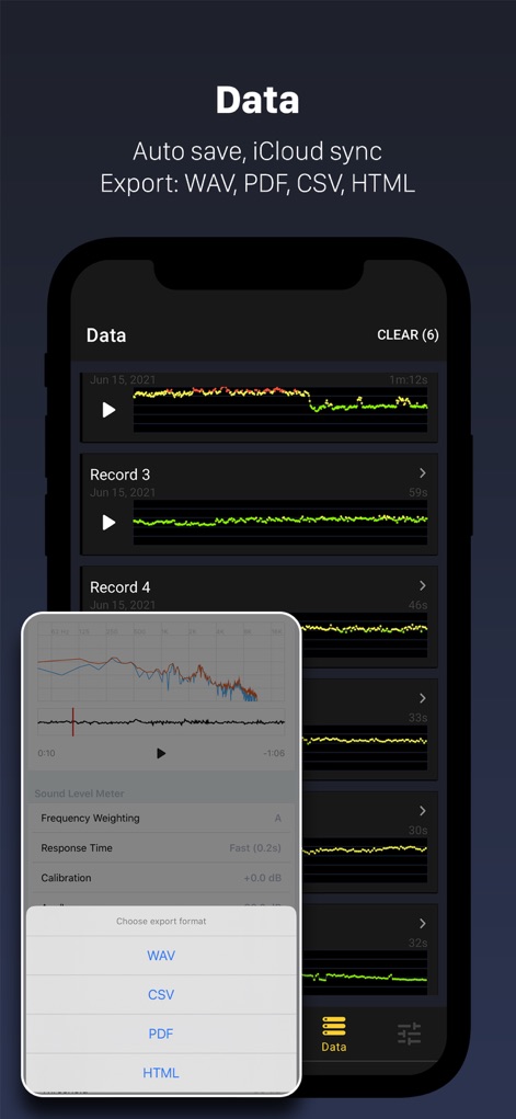 Decibel X PRO: dBA Noise Meter - O aplicativo oferece gerenciamento robusto de dados, exibindo uma lista de registros históricos com miniaturas de gráficos e a opção de exportar relatórios em diversos formatos como PDF e CSV, facilitando a análise e o compartilhamento.