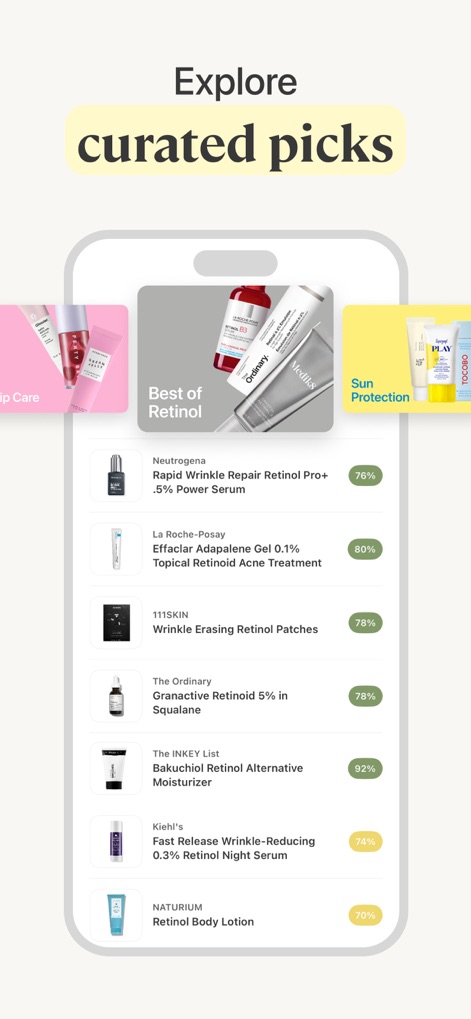 Lumi: The Skincare Scanner - Nutzer können eine kuratierte Auswahl von Produkten erkunden, wie die Kategorie "Best of Retinol", wobei jedes Produkt eine individuelle Sicherheitsbewertung, zum Beispiel 76% für Neutrogena, anzeigt.