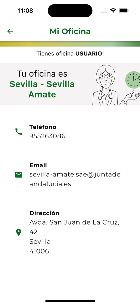 Servicio Andaluz de Empleo - The app provides essential contact details for the user's assigned office, including "Teléfono" (Phone) and "Dirección" (Address).