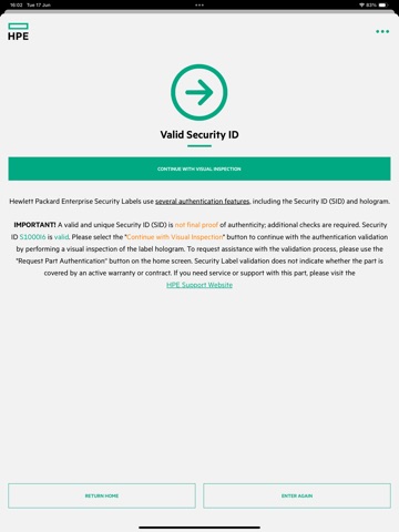 HPE Parts Validation iPad screenshot