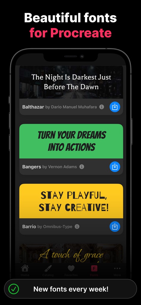 Artist Brushes for Procreate - Review distinct typography options like the elegant 'Balthazar' and bold 'Bangers' fonts, enhancing textual elements in creative projects.