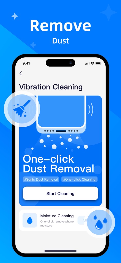 Clean Now：Clean Up Storage - The app provides unique device maintenance functions like "Vibration Cleaning" for sonic dust removal and an option for "Moisture Cleaning" to optimize phone health.