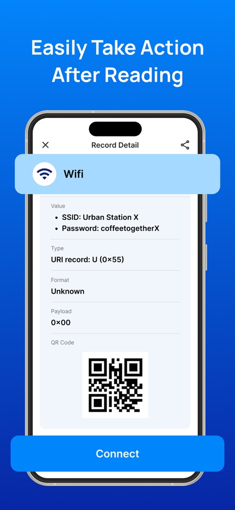 NFC Tools: Reader and Scanner - After reading a tag, the app provides instant smart actions, such as connecting to a "Wifi" network using the displayed "SSID" and "Password" details.