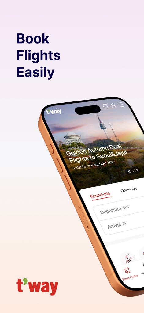 T’way Air - The app streamlines travel planning, allowing users to select "Round-trip" or "One-way" options and discover special offers through prominent "promotional banners".