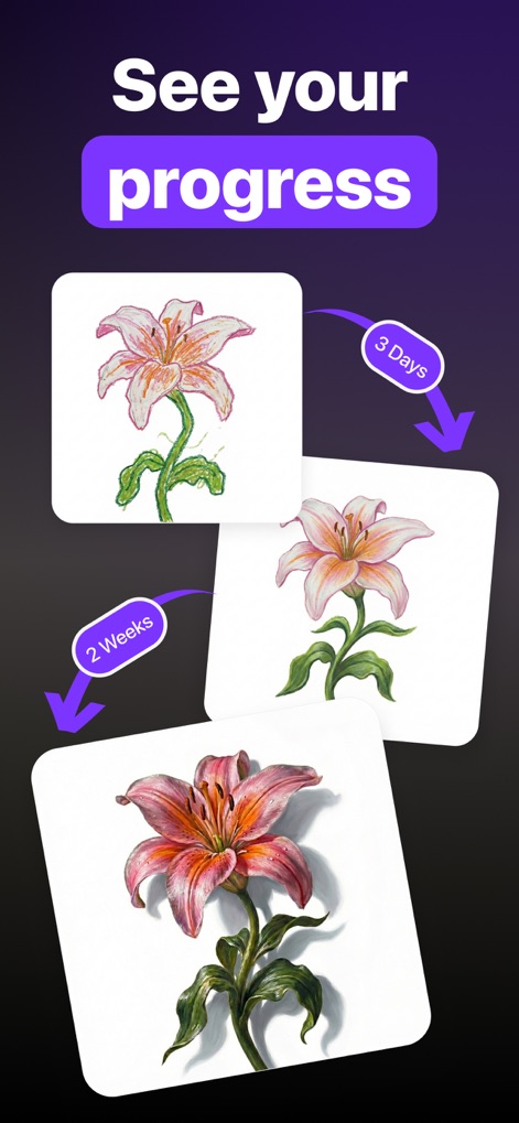 ARtie Lab: AR Drawing & Sketch - Users can visually track their artistic growth through the sequential progression of a drawing, complete with time markers indicating development.