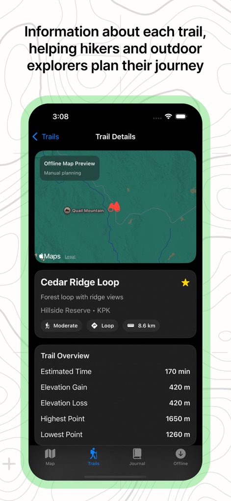 Offline RouteMap 3D - This tool provides comprehensive 'Trail Details', including an 'Offline Map Preview' and critical statistics like 'Estimated Time' and 'Elevation Gain' for thorough planning.
