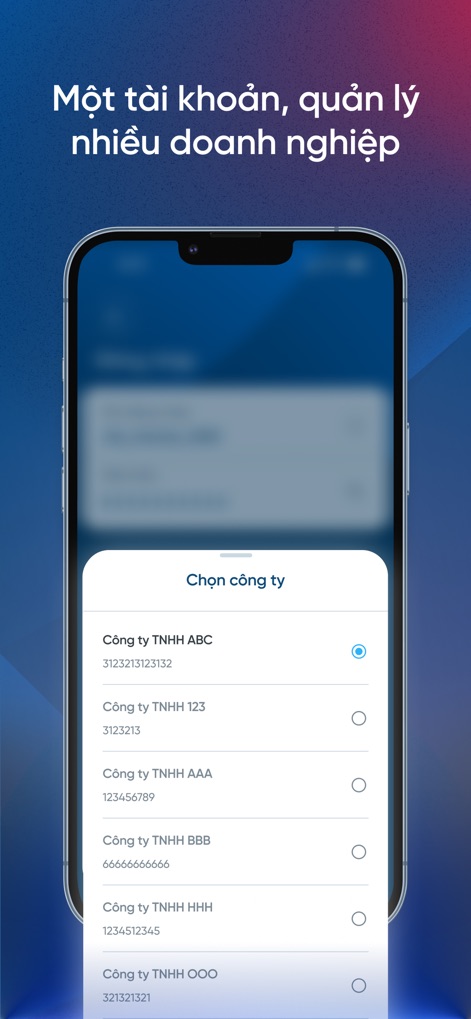 VietinBank eFAST One - L'outil permet la gestion simultanée de plusieurs entités via un sélecteur d'entreprise intuitif, présentant une liste détaillée des sociétés enregistrées pour une flexibilité accrue.