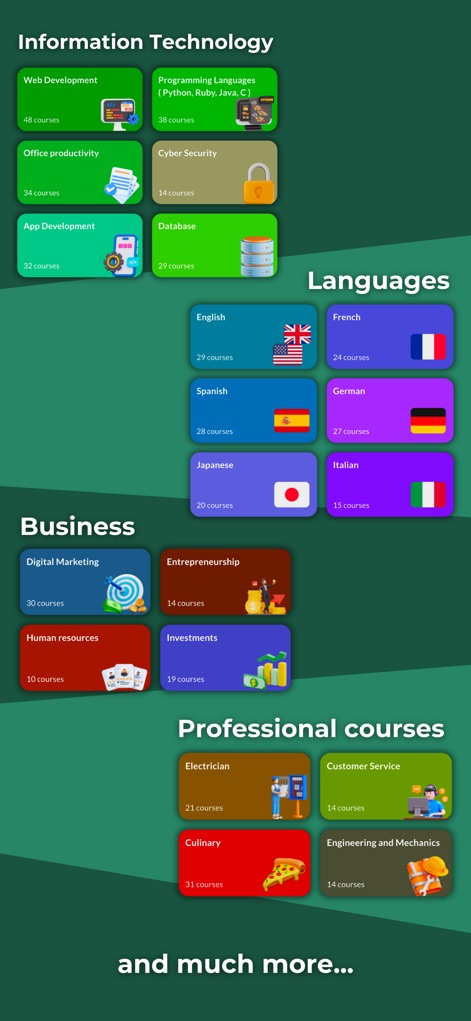 Cursa - Learn anything - Uma ampla organização de áreas de estudo é apresentada, incluindo "Information Technology" e "Languages", ilustrando a vasta gama de cursos disponíveis no Cursa.