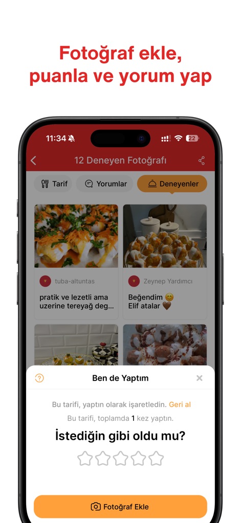 Nefis Yemek Tarifleri - Les utilisateurs peuvent facilement interagir en ajoutant une photo de leur plat et en attribuant une note par étoiles pour partager leur expérience.