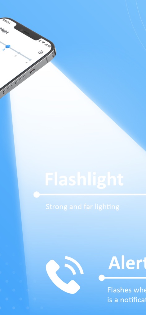 Flashlight: AI Torch Light - Esta captura ilustra el haz de luz fuerte y de largo alcance de la linterna, acompañado del icono de una llamada telefónica, que representa las alertas de flash para notificaciones entrantes.