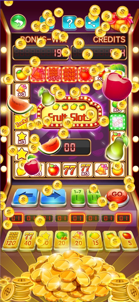 Fruit Slots - Classic Casino - This tool celebrates user wins with an impressive animation of abundant falling coins and prominently displays the significant increase in both BONUS-WIN and CREDIT totals.
