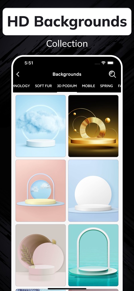 Flyer Maker + Poster Maker - Los usuarios pueden explorar una vasta 'HD Backgrounds Collection', que incluye opciones como fondos con '3D PODIUM' y diseños abstractos, para darle un toque profesional a sus folletos.