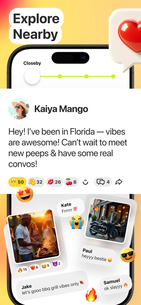 Kiki: Local Chat & People Near - 사용자는 '주변 탐색' 피드에서 카이야 망고의 게시물을 보고 다양한 이모티콘 반응과 채팅 버블로 표현된 실시간 대화를 통해 주변과 소통할 수 있습니다.