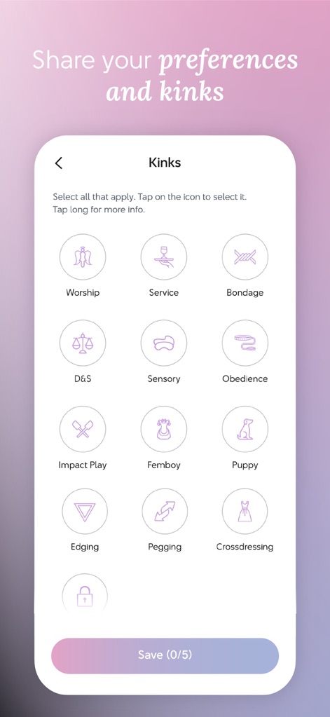 Chyrpe: Female-Led Dating - 「Worship」や「Bondage」といった多様なキンクカテゴリのアイコンが一覧で表示され、ユーザーが自身の具体的な性的嗜好や好みを安全かつ明確に共有できる機能が提供されています。
