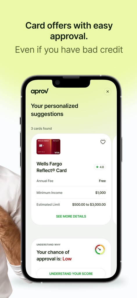 Aprov: Compare Cards - Users can view tailored card recommendations, complete with financial details, and instantly gauge their approval chances with an intuitive indicator.