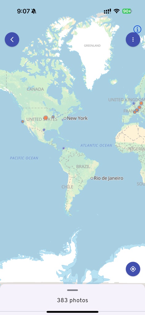 Immich - Visualize photo origins on a global map interface, allowing users to explore their memories geographically and see the total "383 photos" captured worldwide.