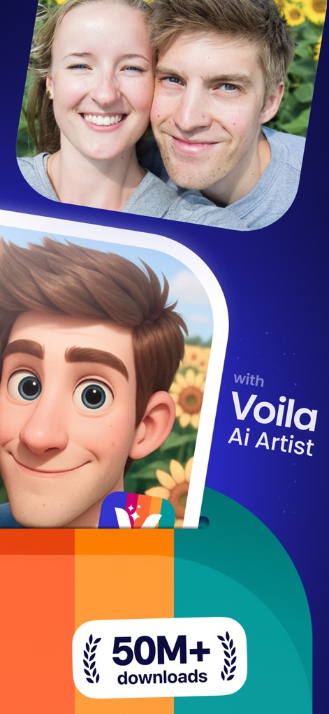 Voilà AI Artist Cartoon Filter - Witness the powerful AI transformation capabilities of the app, demonstrating the original photo alongside its polished cartoon version and highlighting the impressive "50M+ downloads" achievement.