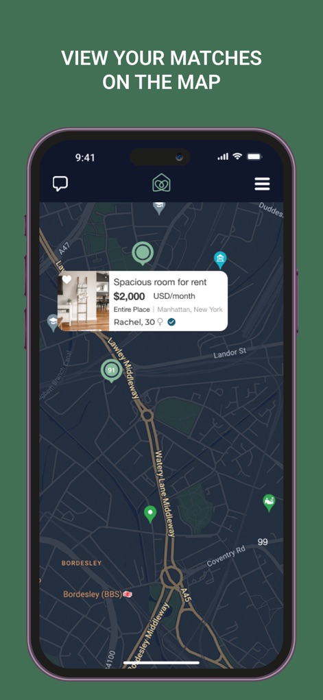 Roomster - 사용자는 지도 보기를 통해 잠재적인 숙소 위치를 시각적으로 확인할 수 있으며, 지도에 표시된 핀을 탭하여 월별 가격과 같은 세부 정보를 볼 수 있습니다.