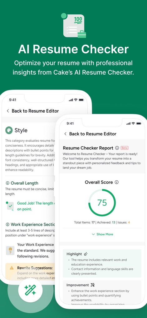 Cake: Job, Resume & Networking - Users can optimize their resumes with the AI Resume Checker, receiving an overall score of 75 and actionable suggestions for improvement and readability.