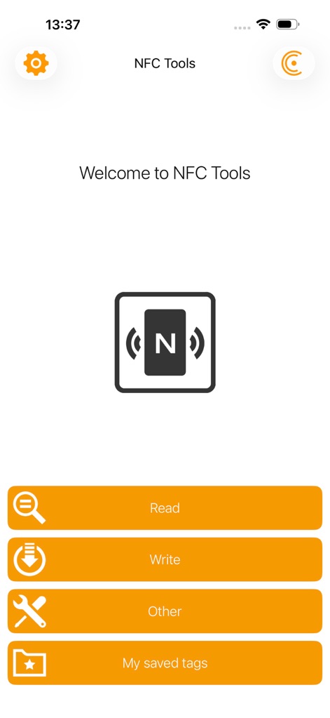 NFC Tools - La pantalla de bienvenida de la aplicación presenta un diseño limpio con un icono central NFC y botones de navegación claramente etiquetados para 'Leer' y 'Escribir', facilitando el acceso a las funciones principales.